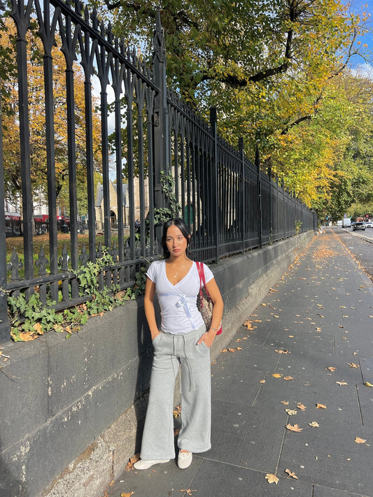 Extra Short Grey Fitted Joggers with Cream Drawstring