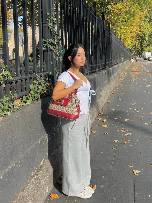 Extra Short Grey Fitted Joggers with Cream Drawstring