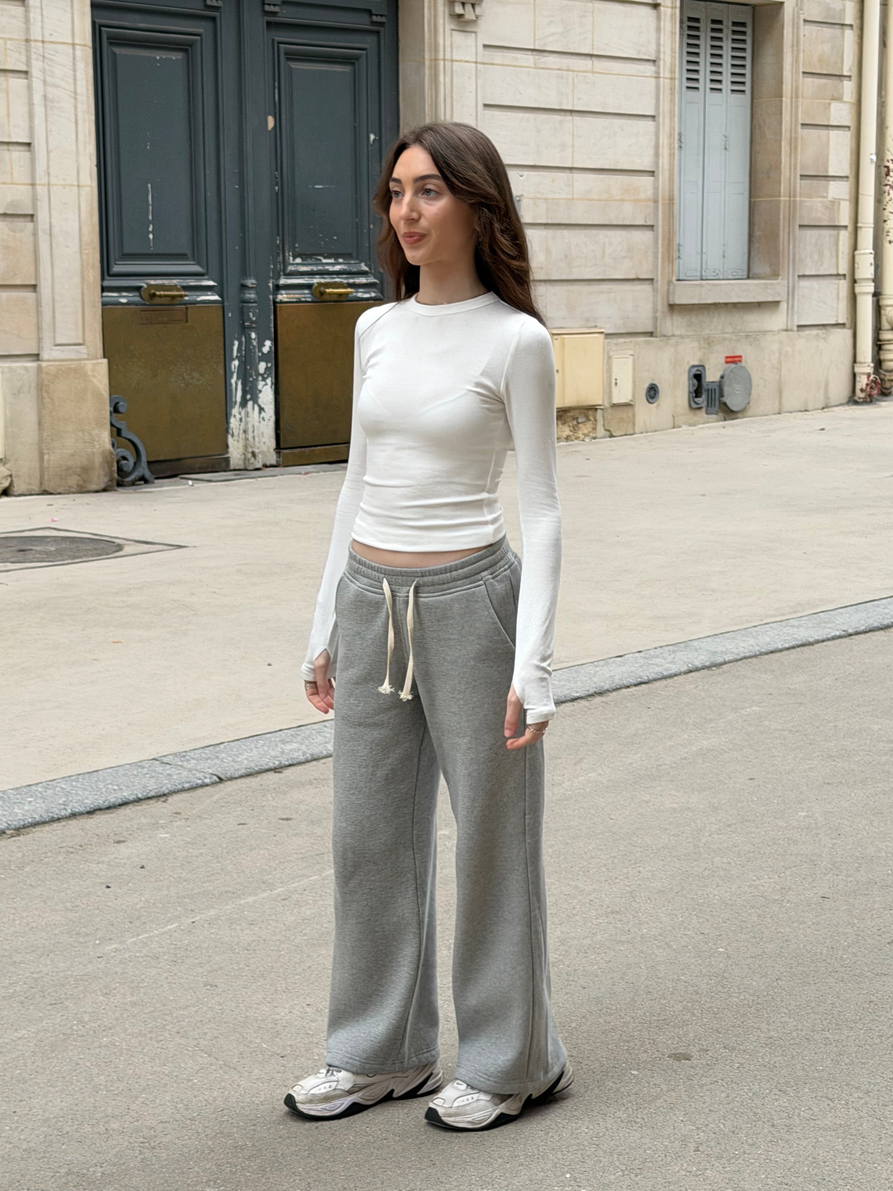 Short Grey Wide Leg Joggers with Cream Drawstring