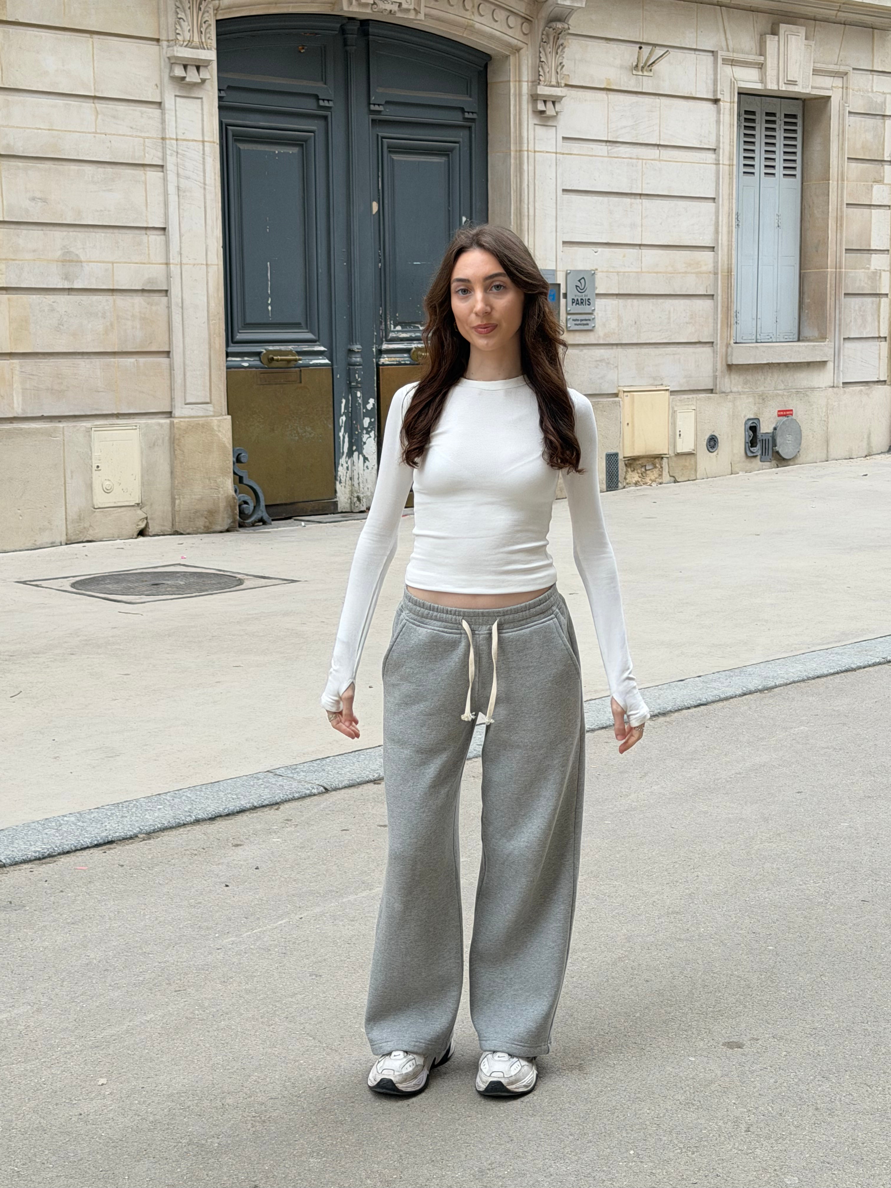 Short Grey Wide Leg Joggers with Cream Drawstring