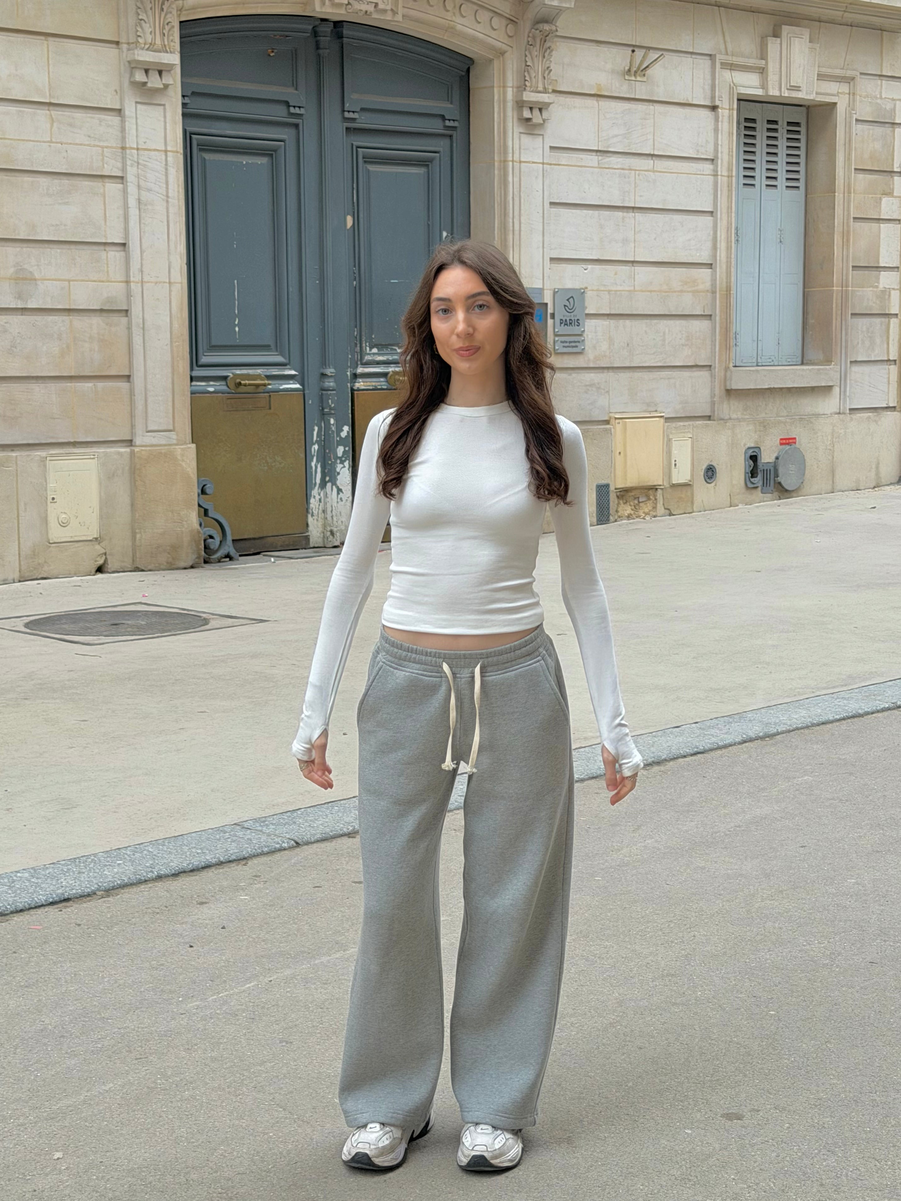 Short Grey Wide Leg Joggers with Cream Drawstring